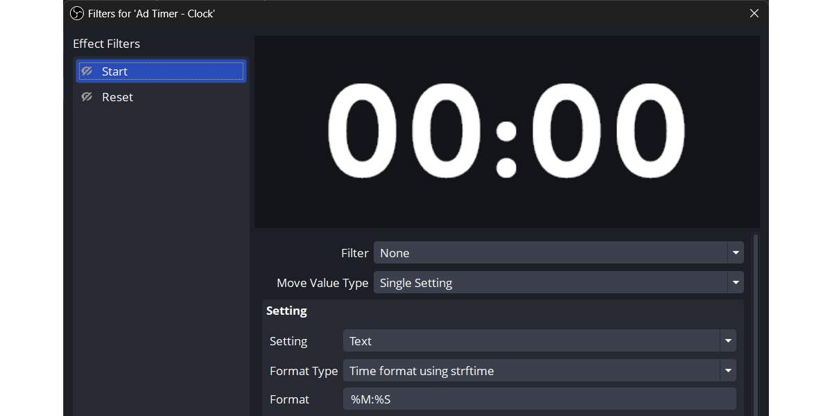 Filter window for the Ad Timer - Clock text source in OBS.